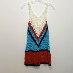 Crochet Ivory Blue Rust V-neck Tank Tunic Dress Beach Cover-up